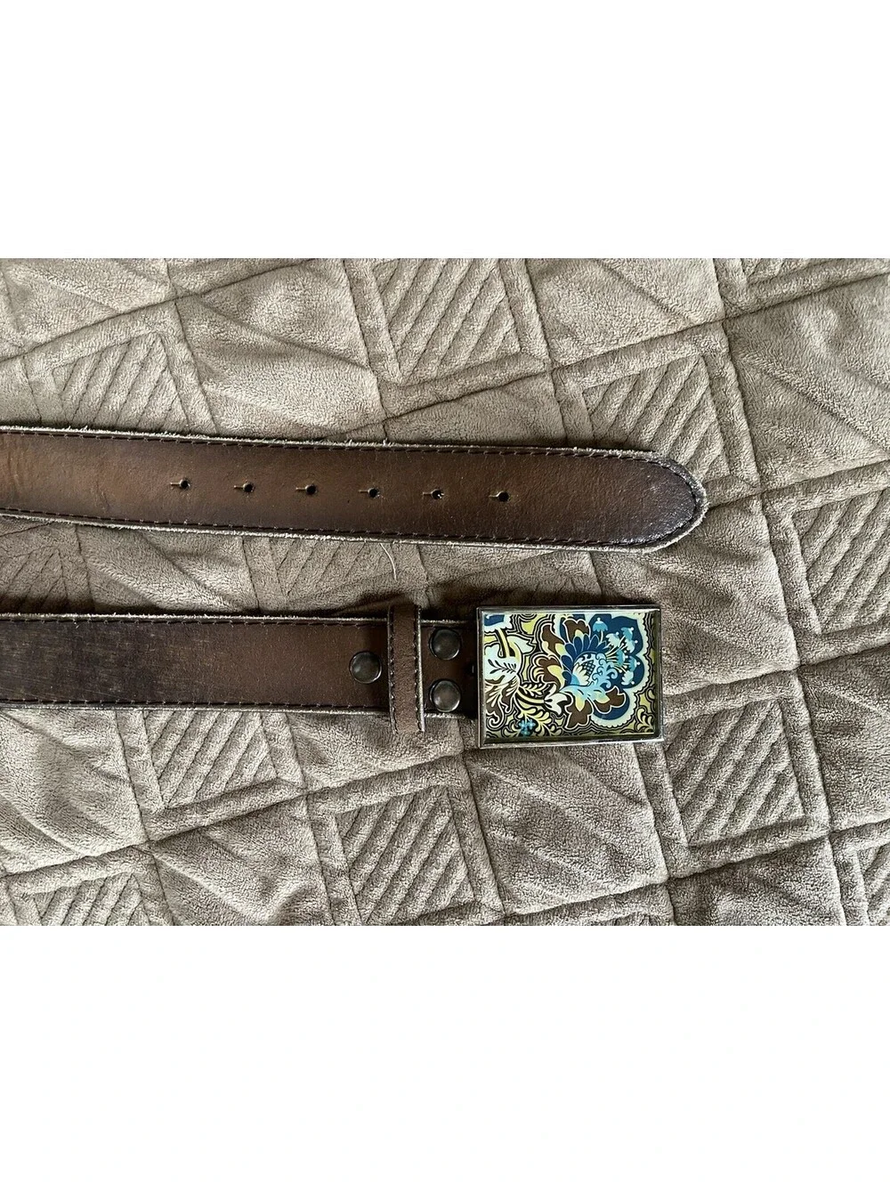 Vera Pelle - Leather Belt with Art Deco Blue and Brown Flower Buckle Size 30-32